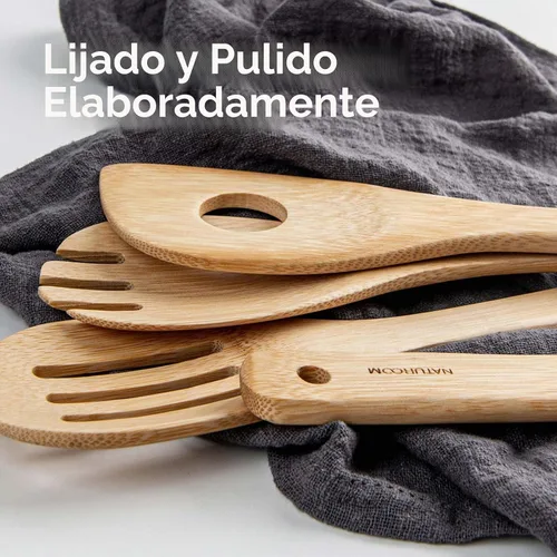 Vista 4 de Naturoom Juego de 8 utensilios de cocina, cuchara de cocina de madera de bambú de 12 pulgadas y espátula, herramientas perfectas para utensilios