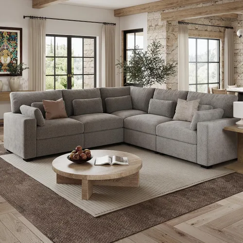 Vista 24 de Sofá modular de 146.5 pulgadas, sofás extra profundos en forma de U para sala de estar, sofá de felpilla de 4 asientos con patas de madera, otomana
