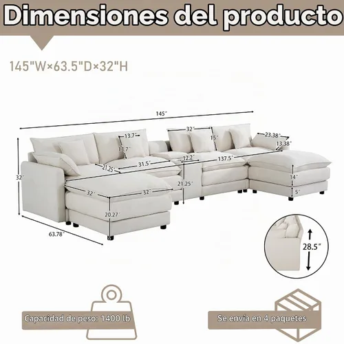 Vista 2 de ONEMMLION Sofá seccional en forma de U de gran tamaño de 145 pulgadas