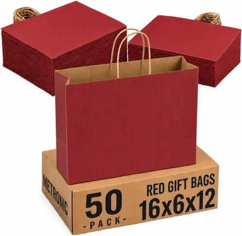 Vista 19 de METRONIC Gift Bags with Handles,16x6x12 Recyclable Brown Paper Bags 50Pcs Marrón