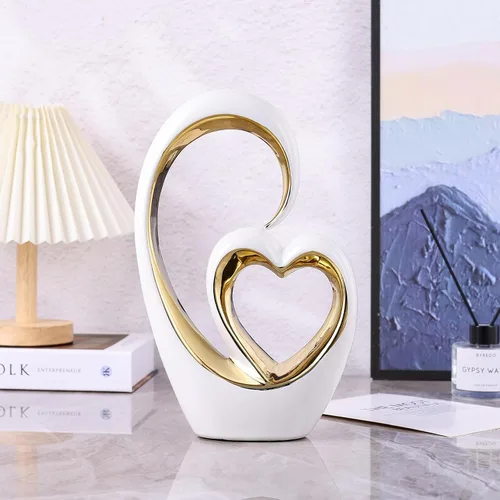 Vista 4 de Corazón de cerámica de oro blanco para decoración del hogar, estatua de amor, regalo de aniversario de San Valentín para pareja, escultura de doble