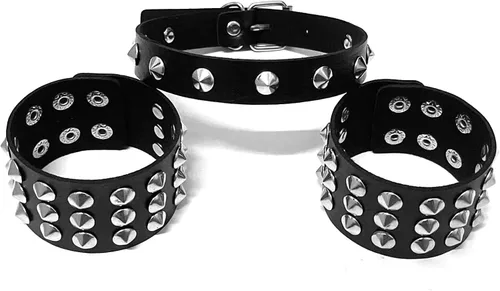 Vista 6 de Gargantilla y pulseras con tachuelas de pirámide para hombres y mujeres, pulsera de cuero de los años 80, juego de brazaletes de pulsera - Punk Rock