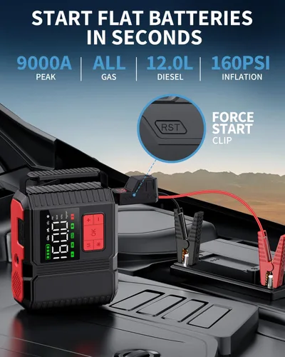Vista 2 de Arrancador de batería para automóvil con compresor de aire, 160 PSI 8000 A pico 26800 mAh