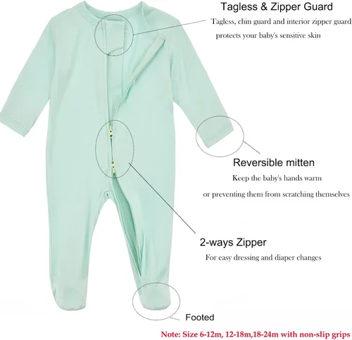 Vista 2 de Aablexema Pijama con cremallera para bebé, rayón de bambú, 3 piezas, unisex, con manopla, manga larga, pies