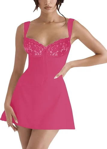 Vista 6 de Vestido corto de fiesta sexy con cuello corazón sin mangas con lazo frontal y ribete de encaje