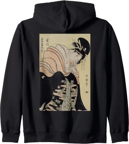Vista 2 de Sudadera con capucha con cremallera de arte japonés retro Takigawa de la casa de té, Negro