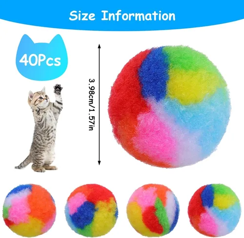 Vista 2 de 40 bolas de peluche suave para gatos de 1.7 pulgadas, pompón arcoíris para gatos, bolas de juguete mullidas para gatitos persecución de hilo