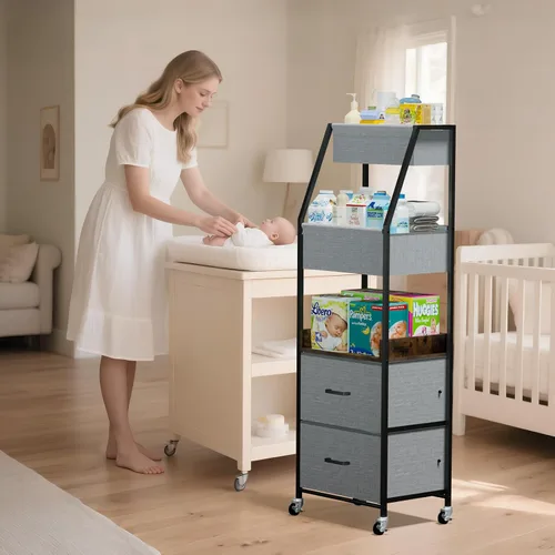 Vista 5 de Organizador y almacenamiento de pañales para bebé, carrito rodante de 5 niveles con divisores y cajones, carrito móvil con ruedas para guardería
