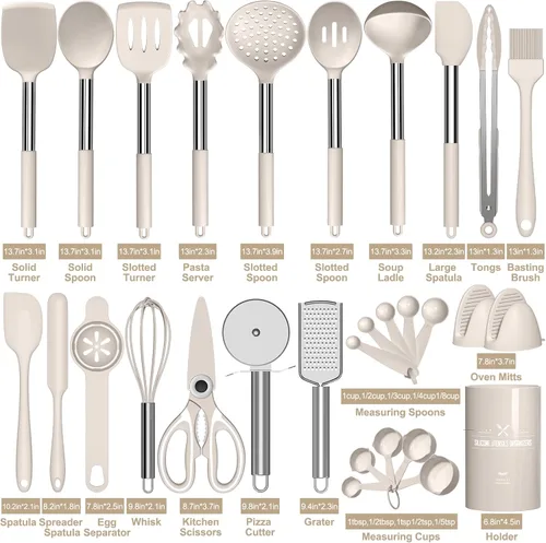 Vista 8 de AIKKIL Juego de utensilios de cocina de cocina, juego de espátula de silicona resistente al calor con soporte, 30 piezas de utensilios de cocina