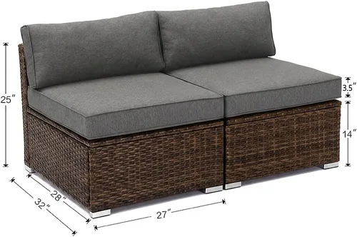 Vista 2 de COSIEST Juego de 2 sillas complementarias sin brazos para muebles de exterior para expandir sofá seccional de mimbre marrón chocolate con cojines