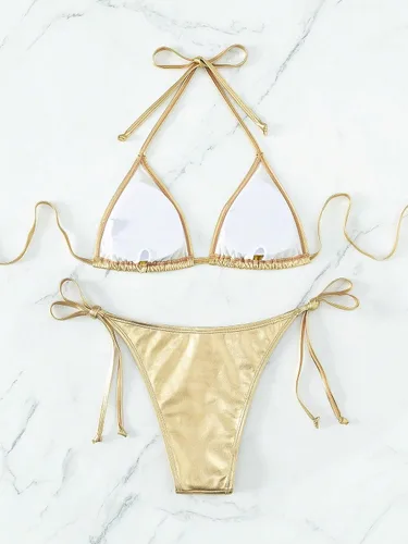 Vista 3 de GORGLITTER Traje de baño de 2 piezas con parte superior de bikini triangular metálico para mujer