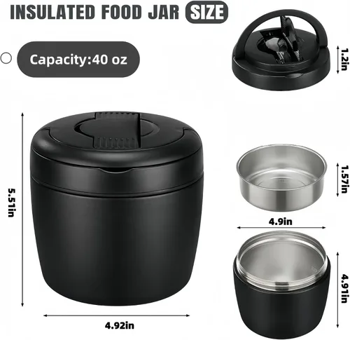 Vista 2 de Recipiente aislado para almuerzo de 40 onzas con bolsa térmica y cuchara plegable, tarro de alimentos de acero inoxidable a prueba de fugas, caja