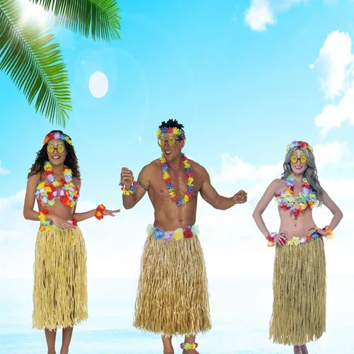 Vista 6 de Kit de 8 accesorios para disfraz de falda hula para fiesta hawaiana luau, baile