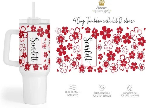 Vista 8 de Vaso personalizado de 40 onzas con asa y pajita, vaso aislado de acero inoxidable, taza de viaje, taza de café de doble pared para bebidas frías