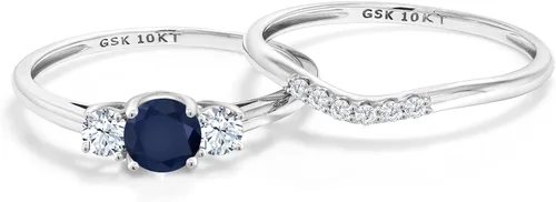 Vista 3 de Gem Stone King Juego de anillos de compromiso de 3 piedras de oro blanco de 10 quilates y zafiro blanco creado en laboratorio para mujer