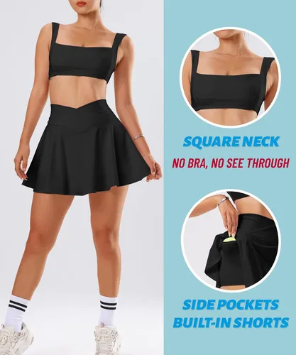 Vista 3 de Coloquin Conjunto de falda de tenis para mujer, trajes de golf, conjuntos de 2 piezas, vestidos de tenis