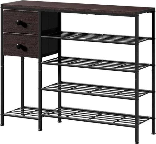 Vista 10 de Zapatero de 5 niveles con 2 cajones de tela, organizador de zapatos con estructura metálica y tablero de madera para 16-20 pares de zapatos, estante