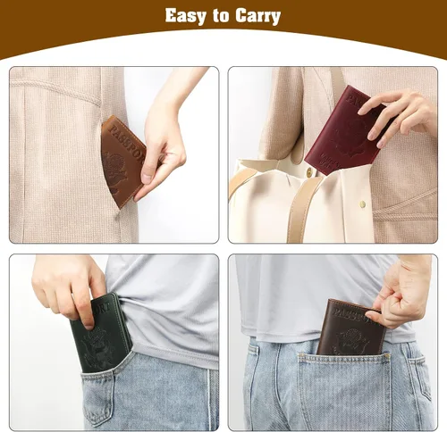 Vista 5 de Jack&Chris Funda de cuero para pasaporte, funda de viaje para hombres y mujeres, Marrón1, Casual