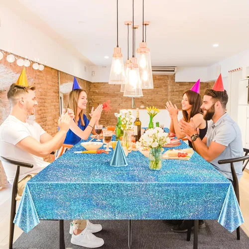 Vista 3 de Just Shimmer Mantel holográfico azul claro de 40" x 108" Decoración de fiesta rosa fuerte Día de San Valentín Fiesta de cumpleaños Decoración