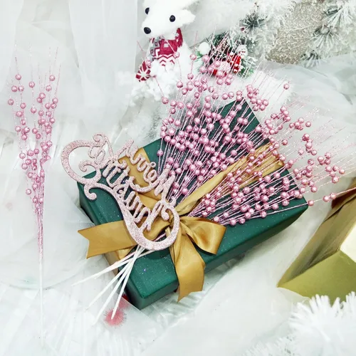 Vista 7 de 12 piezas de bayas artificiales con purpurina rosa, púas artificiales de Navidad con tallos de bayas para decoraciones de Navidad, palos falsos