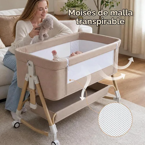 Vista 3 de Moisés de bebé, 3 en 1 moisés para bebé, cuna ajustable de 6 alturas con colchón, malla transpirable, ruedas universales con bloqueo, cesta de Caqui
