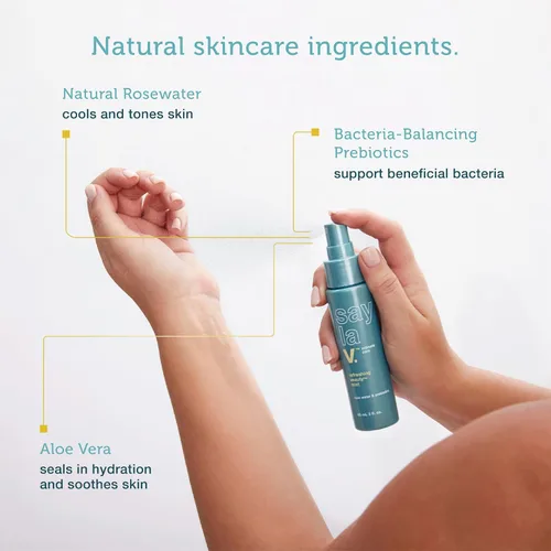 Vista 4 de say la V. Spray de higiene femenina refrescante para neutralizar el olor de vulva, prebióticos naturales, aloe vera y agua de rosas, probado por