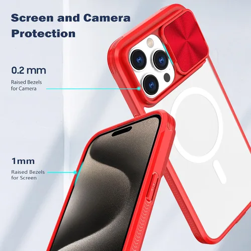 Vista 3 de Funda transparente para iPhone 15 Pro Max con cubierta para lente de cámara deslizante, compatible con MagSafe, antideslizante, delgada, magnética