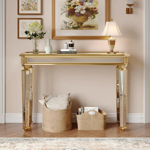 Vista 41 de Mesa Consola Negra con Espejo, Mesa de Sofá de Cristal Rectangular de 48 pulgadas con Elementos Tallados Vintage con Espejo, Muebles de Espejo