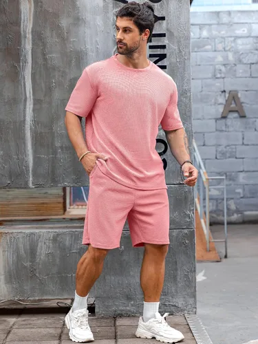 Vista 2 de Babioboa Conjunto de camiseta y pantalones cortos de manga corta para hombre, 2 bolsillos, de gran tamaño, de dos piezas, casual, uso diario