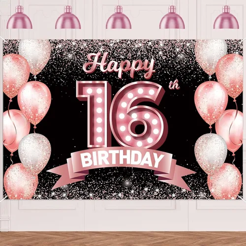 Vista 144 de Cartel de feliz cumpleaños décimo oro rosa, telón de fondo, saludos a 10 años, globos de confeti, decoración temática para niñas de 10 años