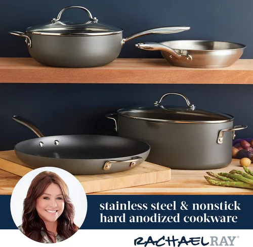 Vista 5 de Rachael Ray 80089 - Sartén antiadherente profesional con mango auxiliar y anodizado duro, 14 pulgadas - Gris