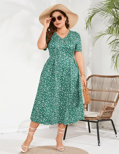 Vista 7 de Vestido largo de verano para mujer, casual, bohemio, floral, cintura imperio, talla grande, vestido fluido, vestidos de talla grande para mujeres