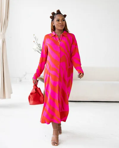 Vista 2 de The Drop Vestido camisero con estampado de cebra rosa y rojo para mujer de victoriouslogan