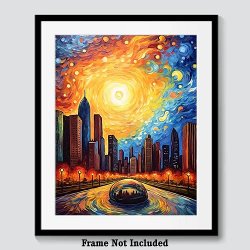 Vista 6 de Bestbuddy Pet 8 x 10 sin marco noche estrellada Chicago Landmark icónica estatua escultura famosa atracción turística gira mundial pintura al óleo
