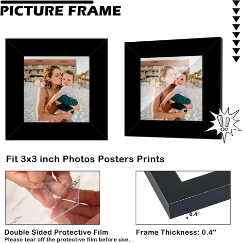 Vista 3 de Marco de Fotos 3x3 Negro para Sobremesa o Colgado en Pared, Resistente y Ligero Marco 3 x 3, Marco de Fotos de Galería de Pared con Plexiglás