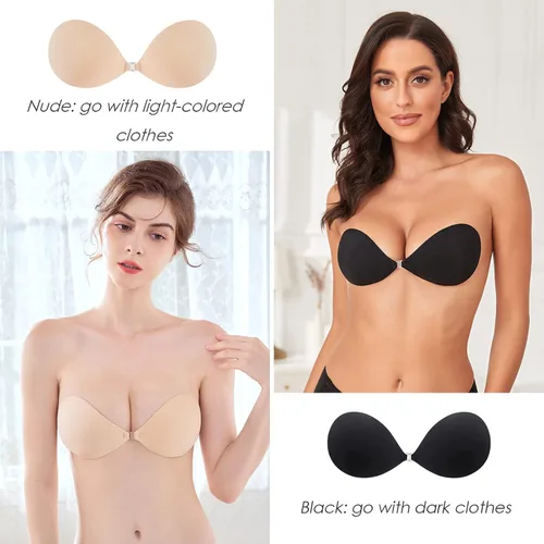 Vista 3 de KISWON Sujetador adhesivo con realce para pezones, invisible, sin espalda, sin tirantes, para mujer