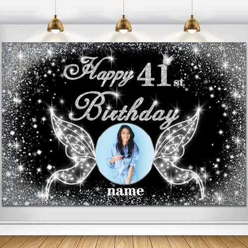 Vista 51 de Cartel personalizado de decoración de fiesta de cumpleaños número 100 - tema de alas de ángel - negro y plateado HY-NLK-100º