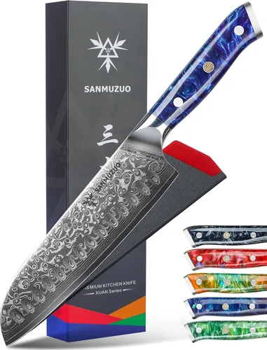 Vista 8 de Santoku Cuchillo de 7 pulgadas - Serie Xuan - Cuchillo de cocina de acero Damasco VG10 - Mango de resina (naranja fantasía)