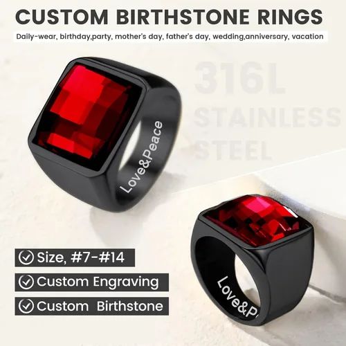 Vista 4 de Anillos cuadrados de sello de piedras preciosas para hombres, anillo de meñique personalizado de acero inoxidable con piedra natal de topacio azul