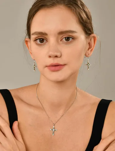 Vista 2 de YL Collar de cruz de piedras preciosas de plata de ley 925 con piedra natal religiosa, joyería para mujer