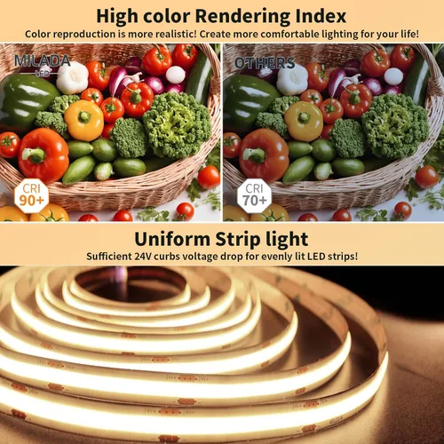 Vista 2 de Tira de Luces LED COB 3000K 80 pies/24M tira led blanca cálida regulable de alto lumen (2 rollos de 40 pies) Adaptador UL 24V Adhesivo Adecuado