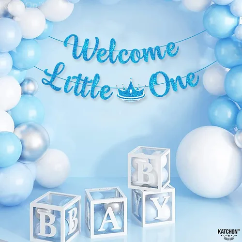 Vista 3 de KatchOn Cartel de bienvenida con purpurina Little One - Azul, 10 pies, sin bricolaje Cartel de bienvenida para decoración de baby shower para bebé
