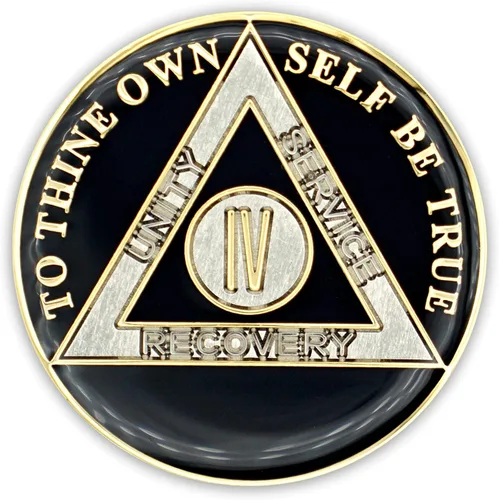 Vista 2 de Moneda de sobriedad de 4 años Ficha de aniversario de recuperación de chip AA Triplate (negro) Alcoholics Anonymous 24k Gold Plated Heavy