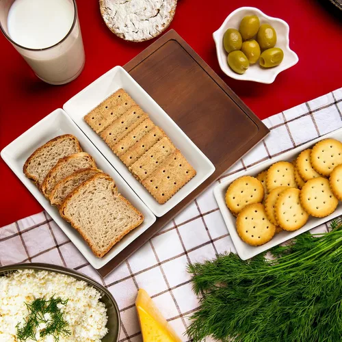 Vista 6 de Elsjoy Bandeja de servir de 3 secciones, plato de madera dividido con cuencos de cerámica, bandeja de inmersión de 3 compartimentos para aperitivos