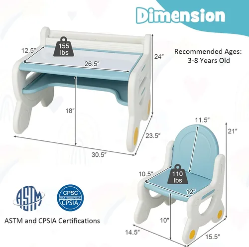 Vista 7 de Costzon - Juego de mesa y silla para bebé, escritorio de actividades de plástico con pizarra, bolígrafos de acuarela, borrador de pizarra y estante
