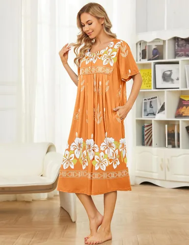 Vista 5 de Bloggerlove Camisón hawaiano para mujer, vestido de casa hawaiano Muumuu con estampado de tumbona, vestido de patio con bolsillos Moomoo