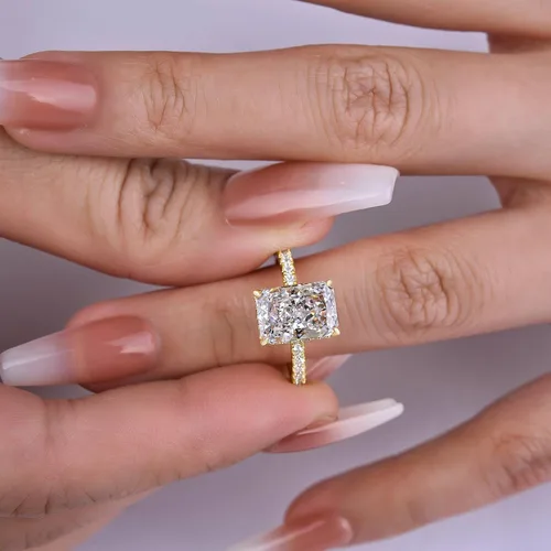 Vista 4 de Effinny Anillo de compromiso de corte radiante de 3.57.0 ct para mujer, anillo de compromiso de plata esterlina chapada en oro amarillo