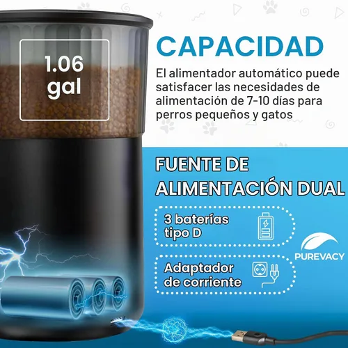 Vista 6 de Comedero automático para gatos, comedero automático para mascotas de 4 litros para gatos y perros pequeños, dispensador de alimentos secos con negro