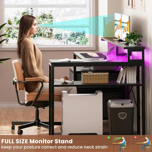 Vista 6 de Aheaplus Escritorio en forma de L con cajón de archivos, escritorio reversible en forma de L para computadora y juegos con toma de corriente