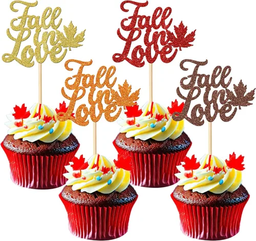 Vista 12 de Rsstarxi Paquete de 24 adornos para cupcakes con purpurina de otoño de hojas de arce de otoño, palillos para cupcakes, decoración de pasteles
